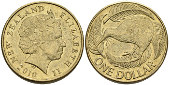 Новая Зеландия 1 доллар 2010 Елизавета II (1952-2022), птица киви  KM 120 алюминиевая бронза 61-354