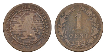Нидерланды 1 цент 1878 Виллем III (1849-1890) KM 107 бронза 53-212