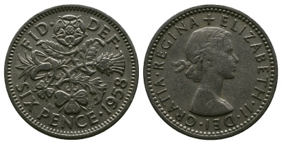 Великобритания 6 пенсов 1958 Елизавета II (1952-2022) KM 903, Spink 4149 медно-никель 4381-666