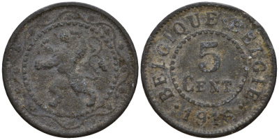 Бельгия 5 сантимов 1916 германская оккупация первая мировая война, Альберт I (1910-1934) KM 80 цинк 4556-1227