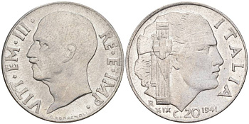 ИТАЛИЯ 20 ЧЕНТЕЗИМО 1941 R, ГОД XIX, ВИКТОР ЭММАНУИЛ III (1900-1946) KM 75b, VEM3. 1028 нержавеющая сталь 3853-1137