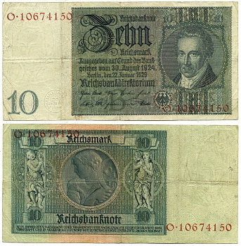 Германия 10 рейхсмарок 1929 Альбрехт Д. Тэер, буква B, серия O Pick 180a, Ros. 173е  бумага   7203-3-2-2