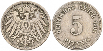 ГЕРМАНИЯ 5 ПФЕННИГОВ 1901 A, KM 11, J. 12 медно-никель 73-661
