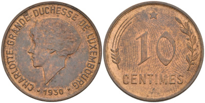 Люксембург 10 сантимов 1930 Шарлотта (1918-1964) KM 41 бронза 4566-624