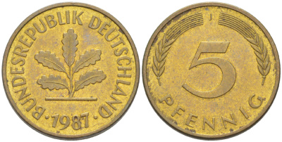 ФРГ 5 ПФЕННИГОВ 1987 J KM 107, J. 382 сталь плакированная латунью 4181-1026