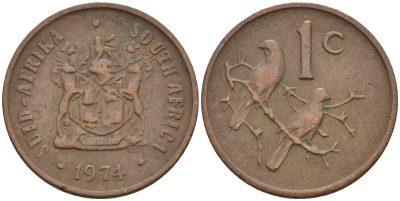 ЮАР 1 цент 1974 герб, капские воробьи KM 82 бронза 4588-1255