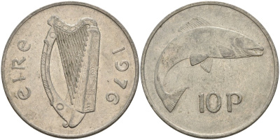 Ирландия 10 пенсов 1976 лосось KM 23 медно-никель 4144-1023