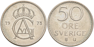 Швеция 50 эре 1973 U, Густав VI Адольф (1950-1973) KM 837 медно-никель aUNC 73-1024