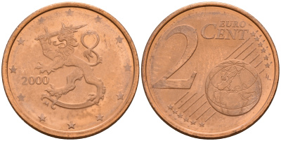 Финляндия 2 евроцента 2000  KM 99 сталь плакированная медью  UNC  4564-358
