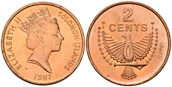 Соломоновы Острова 2 цента 1987 Елизавета II (1953-) KM 25 сталь плакированная бронзой aUNC 4566-254