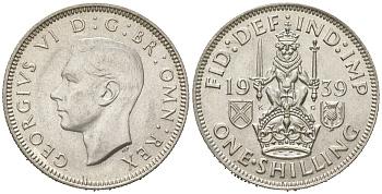 Великобритания 1 шиллинг 1939 Георг VI (1936-1952), Шотландский герб KM 854, Spink 4083 серебро aUNC 4619-826