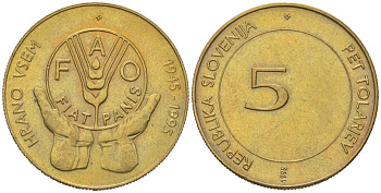 Словения 5 толаров 1995 50 лет Всемирной продовольственной программе KM 21 латунь UNC 186-414