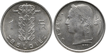 БЕЛЬГИЯ 1 ФРАНК 1980 BELGIE KM 143.1 медно-никель 65-1141