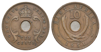 Британская Восточная Африка 10 центов 1951 Георг VI (1936-1952) KM 34 бронза 4645-944