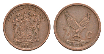 ЮАР 2 цента 1996 KM 159 сталь плакированная медью 4621-222