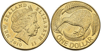 Новая Зеландия 1 доллар 2010 Елизавета II (1952-2022), птица киви  KM 120 алюминиевая бронза 60-226