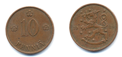 Финляндия 10 пенни 1929 республика (1918-1962) KM 24 медь 46-1636