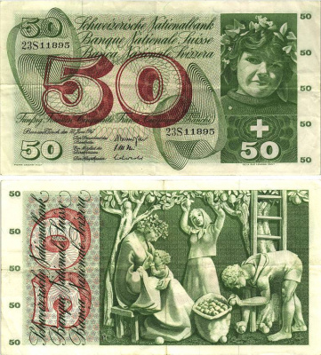 Швейцария 50 франков 1967 30 июня 1967, серия 23 S, подпись 44 Pick 48 g бумага 8606-17-2-2
