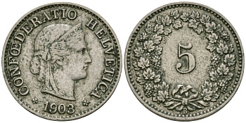 Швейцария 5 раппенов 1903 В KM 26 медно-никель 4576-1159