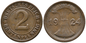 ГЕРМАНИЯ 2 РЕНТЕНПФЕННИГА 1924 D KM 31, J. 307 бронза 24-454
