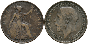 Великобритания 1 пенни 1916 Георг V (1910-1936) KM 810, Spink 4051 бронза 32-834