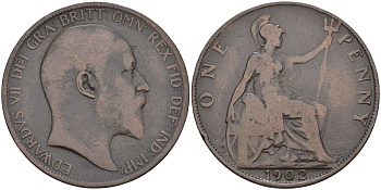 Великобритания 1 пенни 1902 Эдуард VII (1901-1910) KM 794.2, Sp 3990 бронза