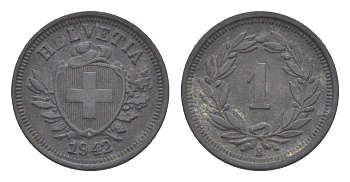 Швейцария 1 раппен 1942 B KM 3a цинк 4630-429