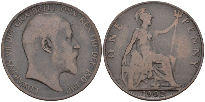 Великобритания 1 пенни 1902 Эдуард VII (1901-1910) KM 794.2, Sp 3990 бронза