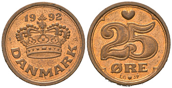 Дания 25 эре 1992 Маргрете II (1972-2024) KM 868 бронза UNC 4621-363