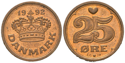 Дания 25 эре 1992 Маргрете II (1972-2024) KM 868 бронза UNC 4621-363