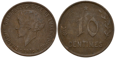 Люксембург 10 сантимов 1930 Шарлотта (1918-1964) KM 41 бронза 4577-347