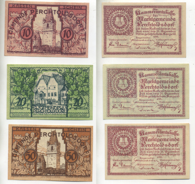 АВСТРИЯ НАБОР ИЗ 3 БАНКНОТ 1920 ДО 31 ДЕКАБРЯ 1920, НОТГЕЛЬД, 10, 20, 50 ГЕЛЛЕРОВ, PERCHTOLDSDORF бумага aUNC 6280-4-1-1