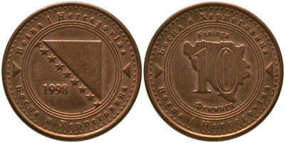 Босния и Герцеговина 10 фенингов 1998 KM 115 сталь плакированная медью 4549-243