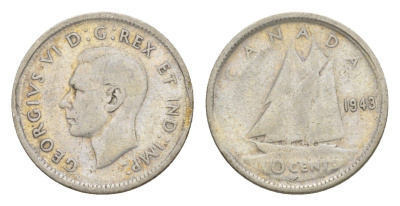 Канада 10 центов 1943 Георг VI (1936-1952), парусник KM 34 серебро 4639-544