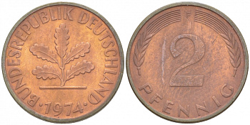 ФРГ 2 ПФЕННИГА 1974 F KM 106a, J.381a сталь плакированная сталь плакированная медьюю 3996-1112