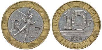 Франция 10 франков 1990 тип Гений Бастилии KM 964.1, Le Frank 375.5 биметалл 45-725