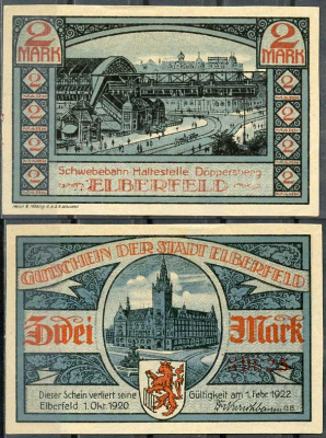 Германия, Эльберфельд 2 марки 1922 нотгельд, городские виды, голубая Mehl 324.1 бумага UNC (пресс) 00-00