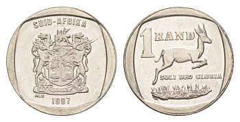 ЮАР 1 ранд 1997 антилопа спрингбок, герб KM 164 медь плакированная никелем UNC 4618-846