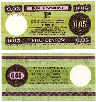 ПОЛЬША 5 ЦЕНТОВ 1979 ТОВАРНЫЙ БОН, ВАЛЮТНЫЙ СЕРТИФИКАТ ПНР, СЕРИЯ HA, РАЗМЕР 110Х55 ММ. Pick FX36, MB26b бумага UNC (ПРЕСС) 7203-92-1-1
