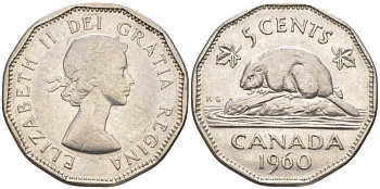 Канада 5 центов 1960 Елизавета II, бобёр KM 50а никель 219-952