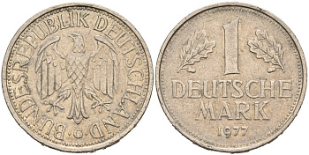 ФРГ 1 МАРКА 1977 G KM 110, J. 385 медно-никель 92-917
