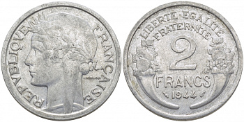 ФРАНЦИЯ 2 ФРАНКА 1944 KM 886а.1 алюминий 114-743