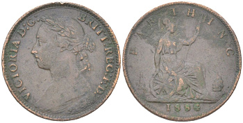 Великобритания 1 фартинг 1884 Виктория (1837-1901) KM 753, Spink 3958 бронза 4613-432