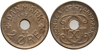 ДАНИЯ 2 ЭРЕ 1928 N; GJ, КРИСТИАН X (1912-1947) KM 827.2 бронза 28-1031