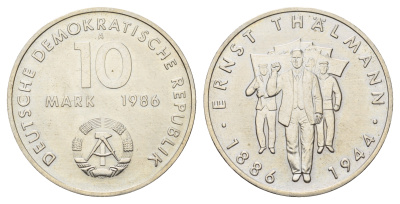 ГДР 10 марок 1986 А, 100 лет со дня рождения Эрнста Тельмана (1886-1944) KM 109, J. 1608 медно-никель UNC 4680-725