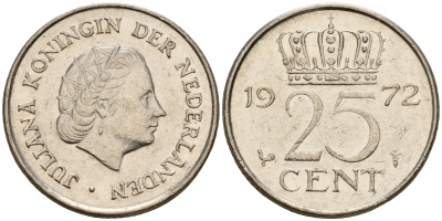 Нидерланды 25 центов 1972 Юлиана (1948-1980) KM 183 никель    4598-463