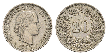 Швейцария 20 раппенов 1947 B KM 29a медно-никель 4547-245
