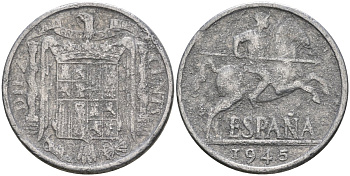 Испания 10 сентимо 1945 Франсиско Франко (1939-1975) KM 766 алюминий 4604-521