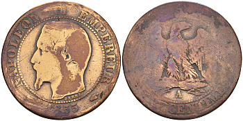 Франция 5 сантимов 1855 А, Наполеон III (1852-1870) KM 777.1 бронза    4153-344