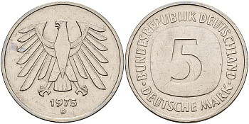 ФРГ 5 марок 1975 D, монетный двор Мюнхен КМ 140.1, J. 415 медно-никель плакированный никелем   4149-523
